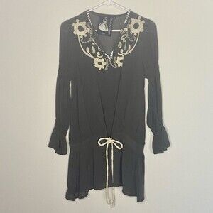 Twelve by Twelve Los Angeles Gray Sheer Long Sleeve Embroidered Tunic Blouse S